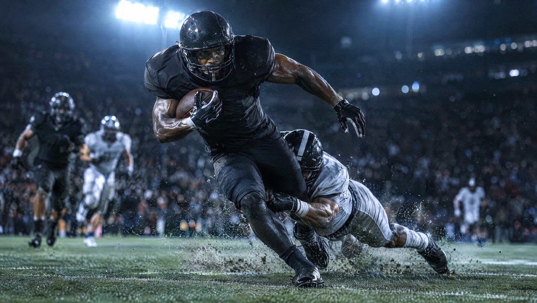 Football player breaking a tackle under stadium lights