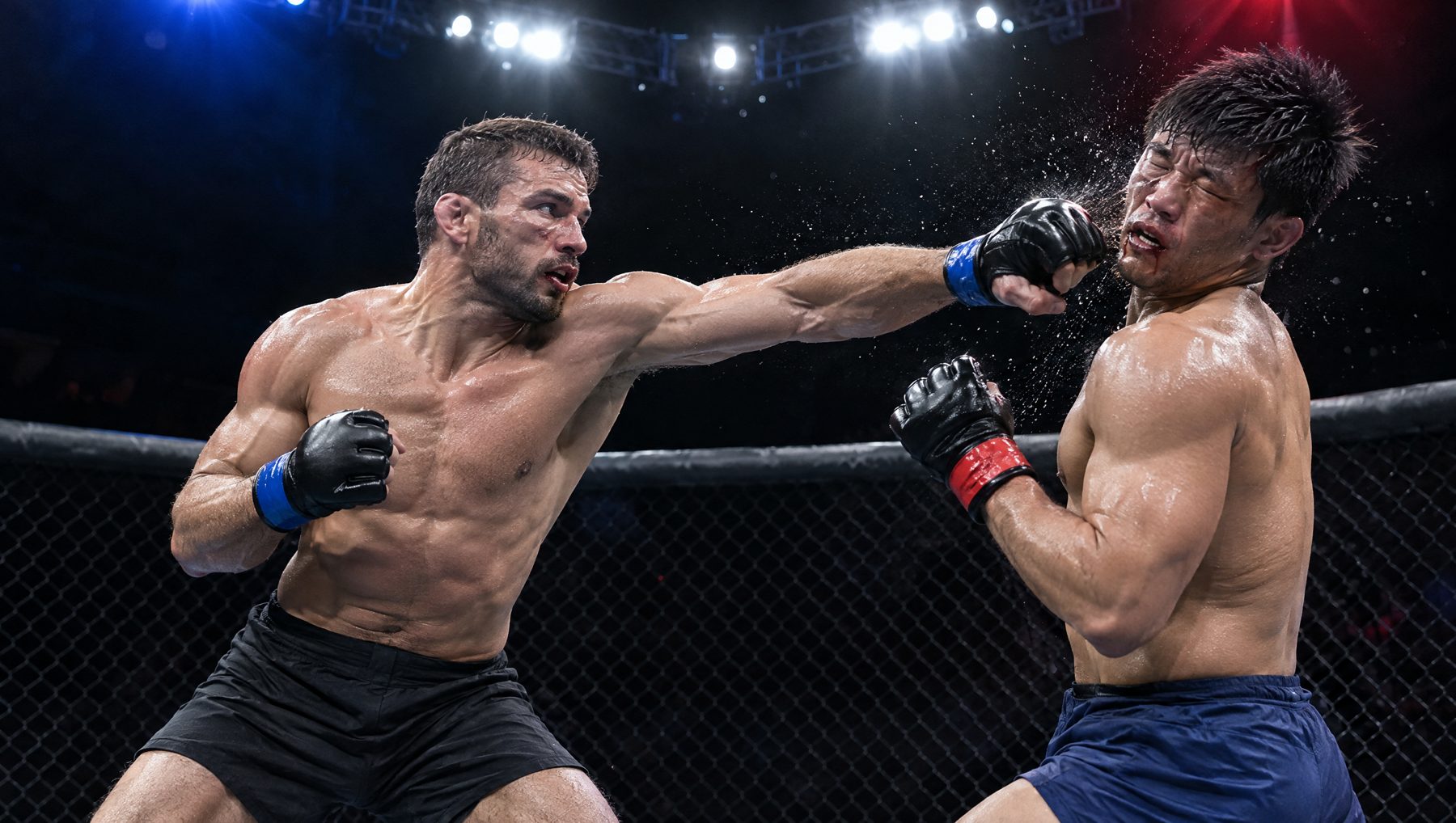Two fighters trading strikes in the octagon