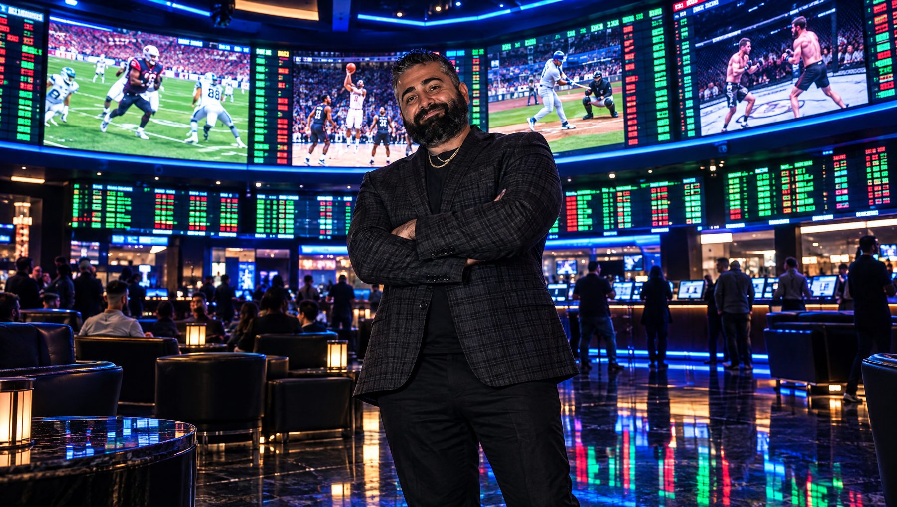 Nicky Brows with arms crossed in a Vegas sportsbook, a wall of LED screens and odds boards behind him